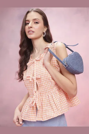 DressBerry Checked Tie-Up Neck Pure Cotton Peplum Top