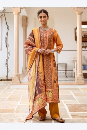 Ishin Ethnic Motifs Printed Pure Cotton Round Neck Straight Kurta with Trousers & Dupatta