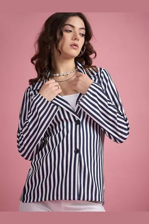 DressBerry Women Classic Relaxed Fit Cuban Collar Vertical Striped Casual Shirt