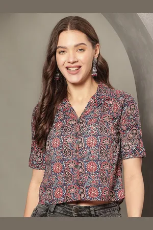 Kalini Women Floral Printed Pure Cotton Shirt Style Crop Top