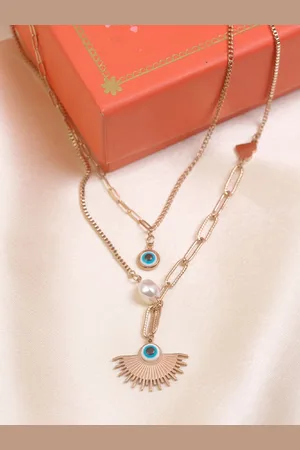 Artklim Stainless Steel Double Artificial Beaded Layered Evil Eye Quirky Shaped Necklace