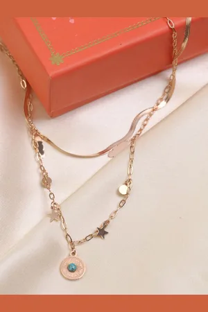 Artklim Gold-Plated Double Layered Feather Star & Round Pendant Necklace