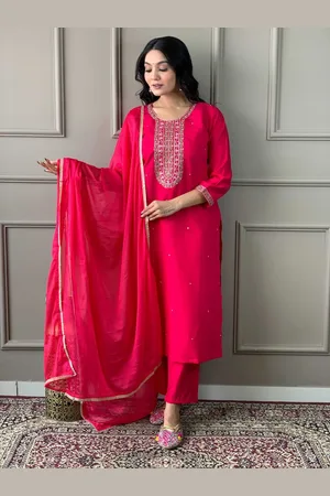 Kalini Women Ethnic Motifs Embroidered Regular Thread Work Chanderi Silk Kurta with Trousers & With Dupatta