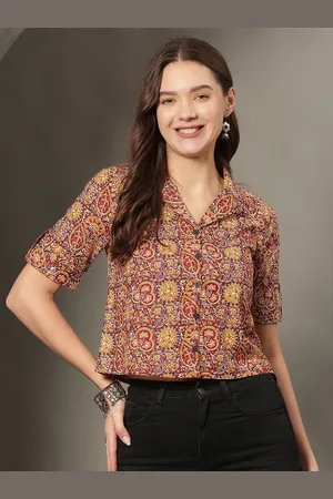 Kalini Floral Print Roll-Up Sleeves Cotton Shirt Style Crop Top