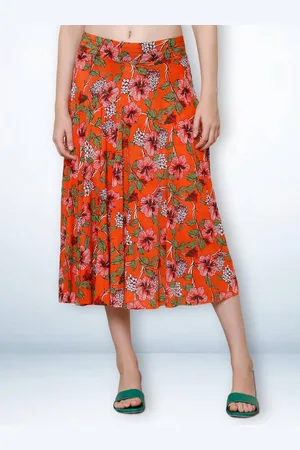 Jinfo Women Floral Printed Flared Midi Skirt With Inner Shorts
