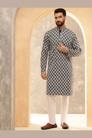 SOJANYA Ethnic Floral Embroidered Mandarin Collar Thread Work Straight Kurta With Pyjamas