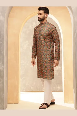 SOJANYA Ethnic Motifs Printed Band Collar Kalamkari Cotton Linen Straight Kurta