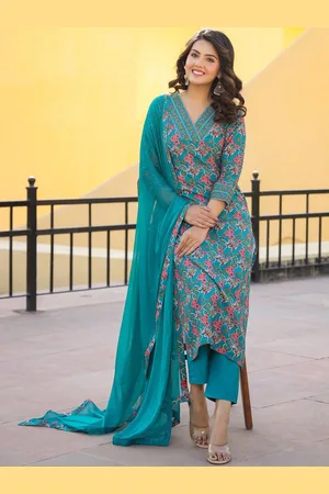 DIVASTRI Floral Printed V-Neck Kurta With Trousers And Dupatta