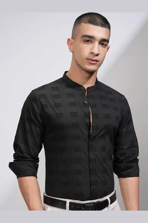 Highlander Men Slim Fit Band Collar Textured Cotton Formal Shirt