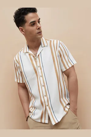 Lifestyle Men Cuban Collar Vertical Striped Cotton Casual Shirt