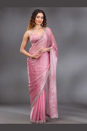Koskii Embellished Onion Pink Silver Stone work Satin Saree