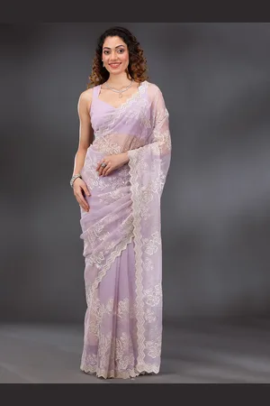Koskii Lavender Threadwork Chiffon Saree