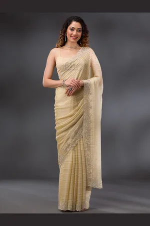 Koskii Embellished Yellow Stonework Chiffon Saree