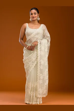 Koskii Pista Green Threadwork Chiffon Saree