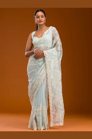 Koskii Floral Sky Blue Threadwork Chiffon Saree