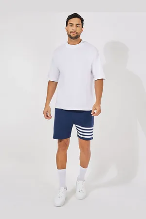 Styli Men Navy Blue Striped Print Regular Fit Cotton Shorts