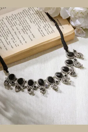 Priyaasi Brass Silver-Plated Stone Studded Oxidized Necklace