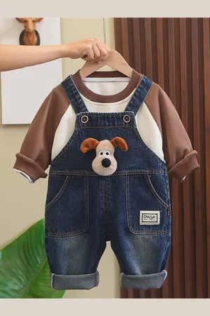 Little Surprise Box LLP Kids Puppy Broach Denim Dungarees Set
