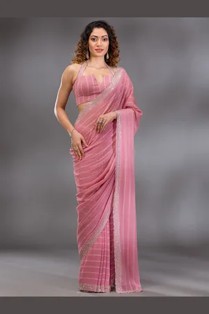 Koskii Striped Embellished Beads and Stones Saree