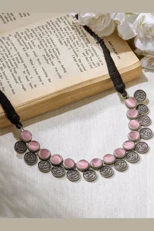 Priyaasi Brass Silver-Plated Quartz Stone Studded Oxidised Necklace