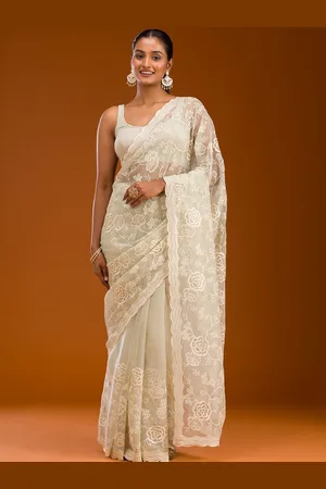 Koskii Pista Green Threadwork Chiffon Saree