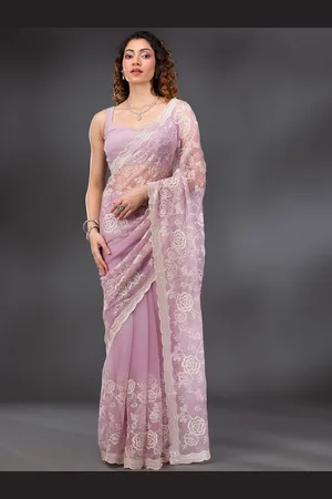 Koskii Onion Pink Threadwork Chiffon Saree