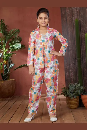 Sangria Girls Printed Pure Cotton Top With Trousers & Coat