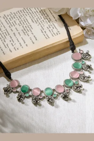 Priyaasi Brass Silver-Plated Emerald Stone Studded Oxidised Necklace