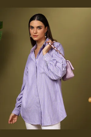 KOTTY Women Oversized Fit Spread Collar Vertical Striped Cotton Casual Shirt