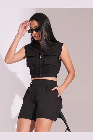 Globus High Neck Front Zip Streetwear Utility Crop Top & Shorts Co-Ord Set