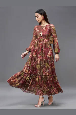 Miss Chase Maroon & Beige Ethnic Motifs Tie-Up Neck Chiffon Maxi Dress