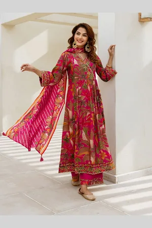 Ishin Floral Printed Pure Cotton Thread work Anarkali Kurta With Palazzos And Dupatta