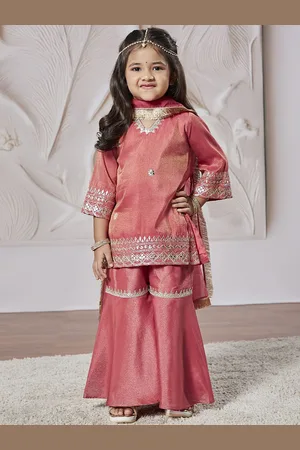 Vastramay Girls Floral Embroidered Regular Sequinned Tissue Kurta & Sharara With Dupatta