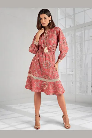 DressBerry Women Bohemian Printed Tie-Up Neck Crepe Fit & Flare Dress