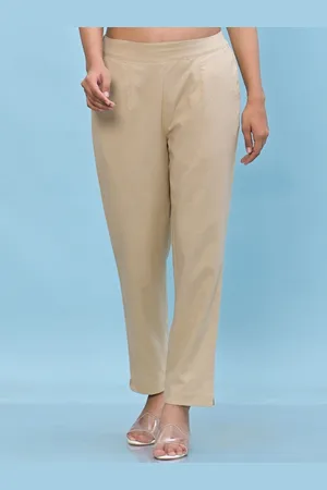 Juniper Women Beige Solid Cotton Pants with Partially Elasticated Waistband & 2 Pockets