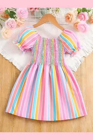 Miss & Chief Girls Striped Square Neck Puff Sleeve Smocked Fit & Flare Dress