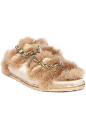 SAINT G. Women Crystal Buckle Fur Snug Open Toe Flats