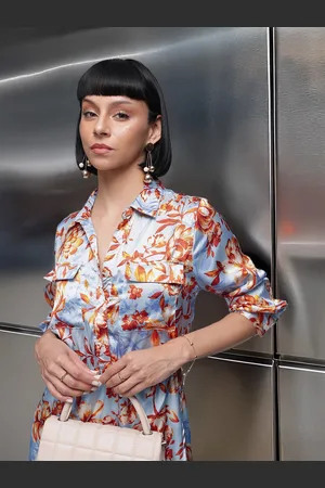 French Connection Floral Printed Cuffed Sleeves Gathered Satin A-Line Mini Dress