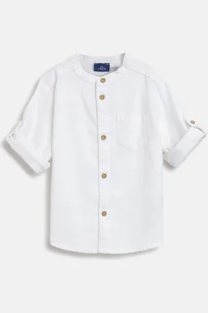 chicco Boys Relaxed Fit Band Collar Solid Linen Casual Shirt