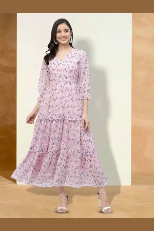 BAESD Floral Printed V-Neck Puff Sleeves Tiered Cotton Fit & Flare Maxi Dress