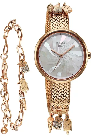 Titan Women Brass Embellished Dial & Bracelet Style Straps Analogue Watch 95253WM01F