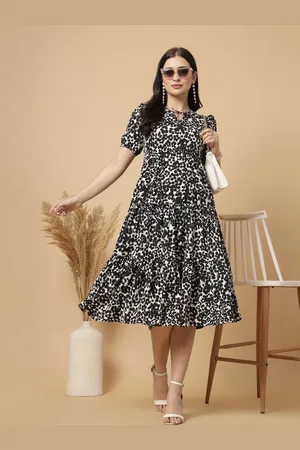 RAASSIO Animal Printed Tie-Up Neck Puff Sleeve Crepe Tiered Fit & Flare Midi Dress