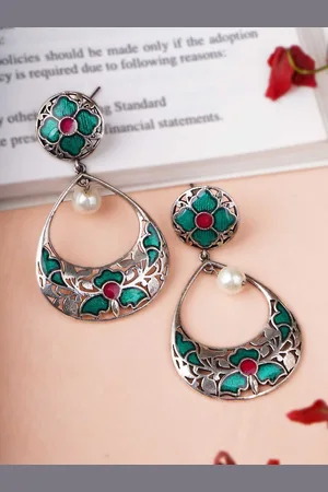Sangria Green Silver-Plated Artificial Stones Studded Crescent Oxidised Drop Earrings