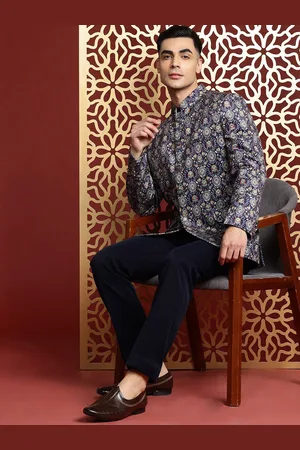 MANQ Ethnic Motifs Printed Sequinned Slim-Fit Bandhgala Blazer
