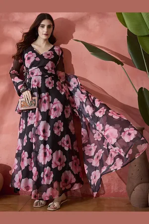 Sangria Floral Printed Wrap Ethnic Dress With Dupatta