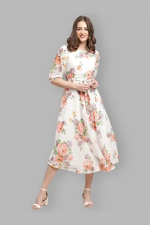 Fabflee Women Floral Print Puff Sleeve Chiffon Fit & Flare Dress