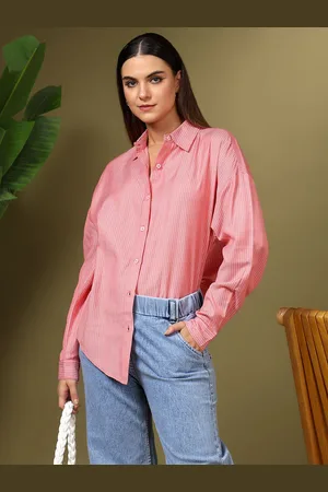 KOTTY Women Relaxed Fit Spread Collar Vertical Striped Cotton Casual Shirt