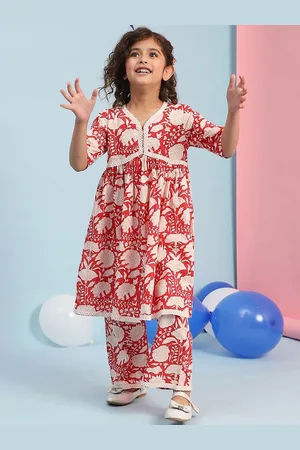 Biba Girls Floral Printed Pure Cotton A-Line Kurta with Trousers