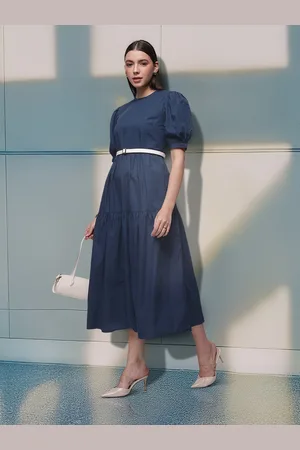 French Connection Pure Cotton Puff Sleeve Tiered A-Line Midi Dress