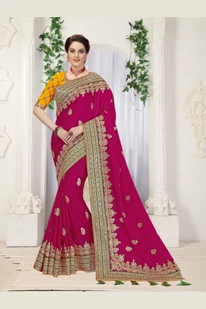 Trendmalls Fuchsia & Gold-Toned Ethnic Motifs Embroidered Pure Silk Saree
